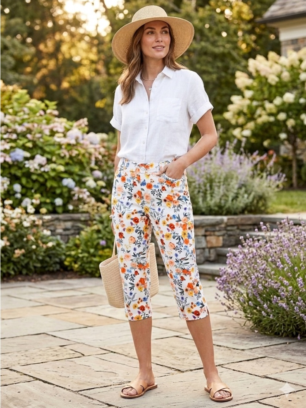 St. John's Bay White Capri Pants Spring Summer Orange Yellow Blue Floral Sz 8